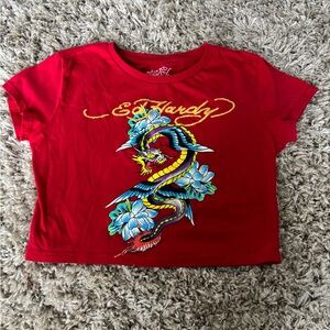 Ed Hardy Red Crop Top with Dragon and Floral Print